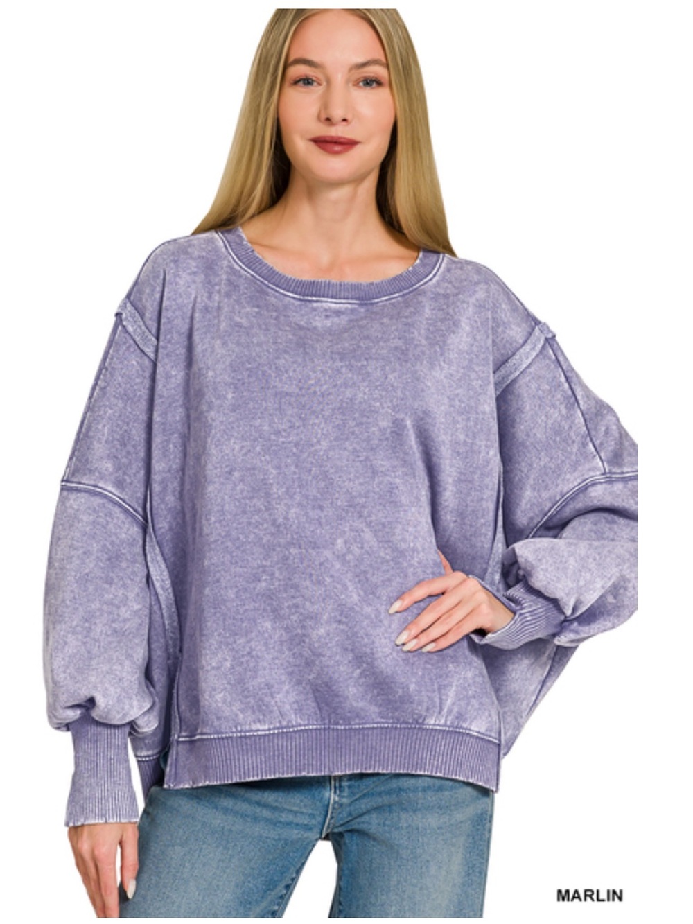 397 small - 3X  Zenana PLUS ACID WASHED
BATWING SLEEVE HI-LOW
FLEECE SWEATSHIRT